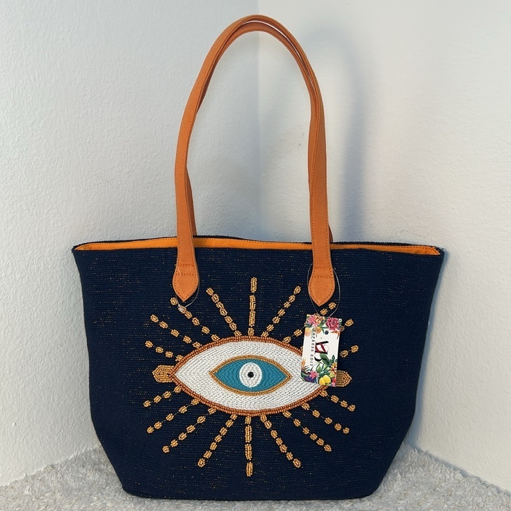 Express Edit Navy Blue Beaded Evil Eye Tote‎ Bag Orange Handles NWT
